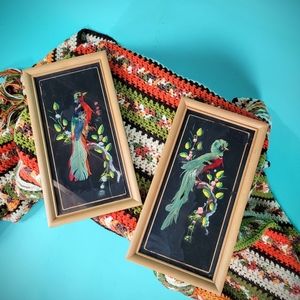 2 vintage framed Mexican feathercraft art pieces